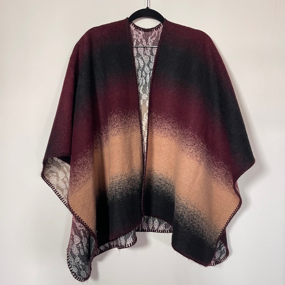 Anthropologie Wintertide Reversible Poncho Wool Wrap Kimono Shawl Boho One Size